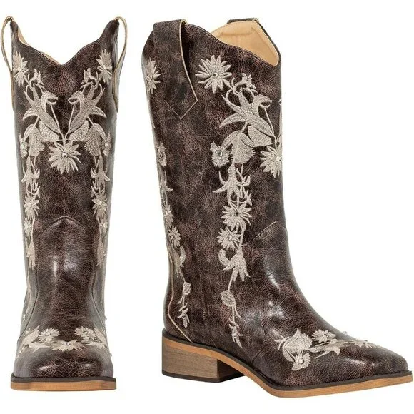 SheSole Womens Brown Ladies Cowgirl Boots Cowboy Mid Calf Square Toe - Picture 5 of 9